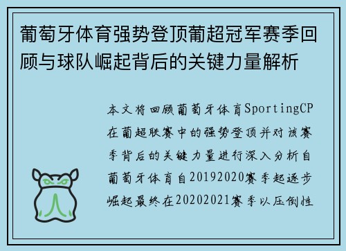 葡萄牙体育强势登顶葡超冠军赛季回顾与球队崛起背后的关键力量解析 葡萄牙体育强势登顶葡超冠军赛季回顾与球队崛起背后的关键力量解析