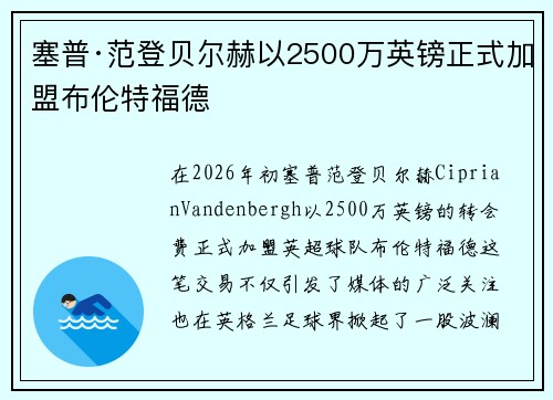 塞普·范登贝尔赫以2500万英镑正式加盟布伦特福德