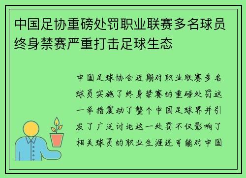 中国足协重磅处罚职业联赛多名球员终身禁赛严重打击足球生态 中国足协重磅处罚职业联赛多名球员终身禁赛严重打击足球生态